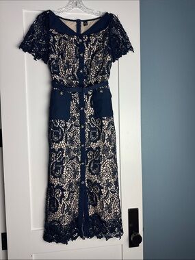 Navy Lace Overlay Midi Dress with Nude Lining